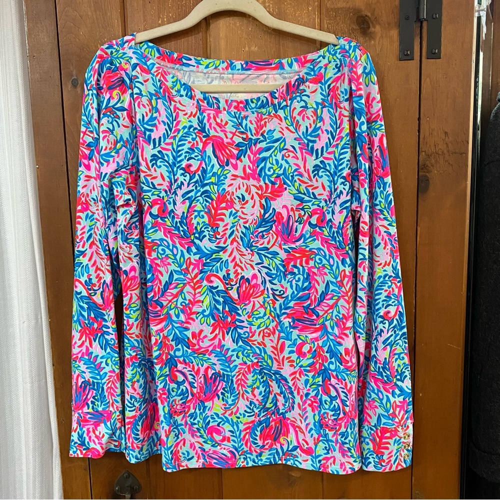 LILLY PULITZER Aleah Top XL Blue and Pink Flamingo